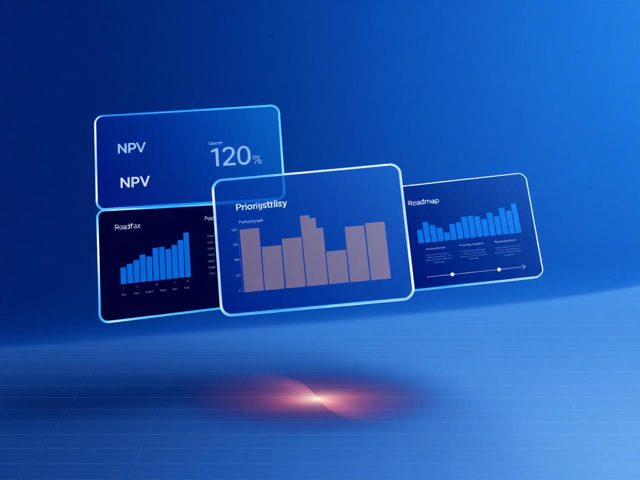 Road map roi dashboard showing NPV calculation, prioritization matrix, and roadmap timeline